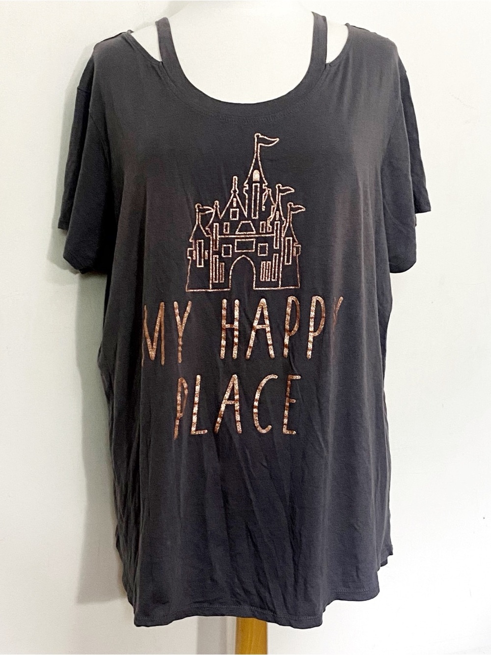 Disney Gray Graphic Tee with Rose Gold Castle "My Happy Place" Cut Out Neck 2X